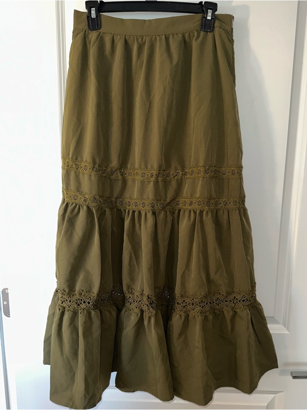 Medium Shein Olive Tiered Lace-Trim Maxi Skirt